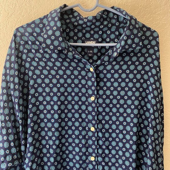 Lands End Long Sleeve Button-Up Tunic Shirt Dress L-XL Blue Floral Print Boxy La - Picture 7 of 15